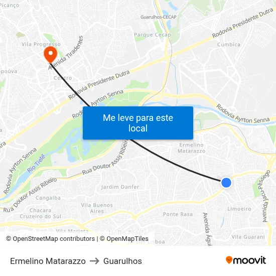 Ermelino Matarazzo to Guarulhos map