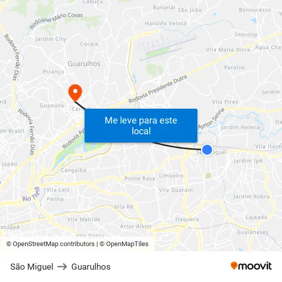 São Miguel to Guarulhos map