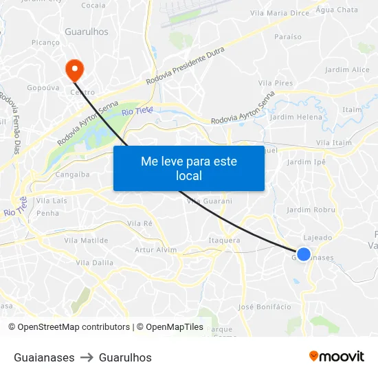 Guaianases to Guarulhos map