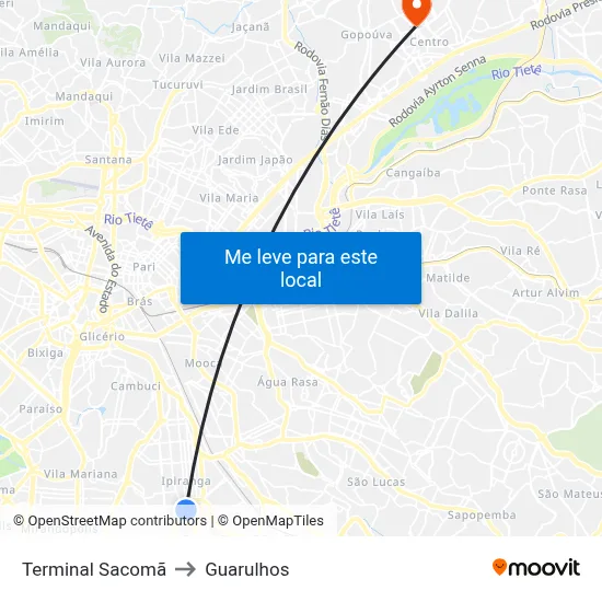 Terminal Sacomã to Guarulhos map