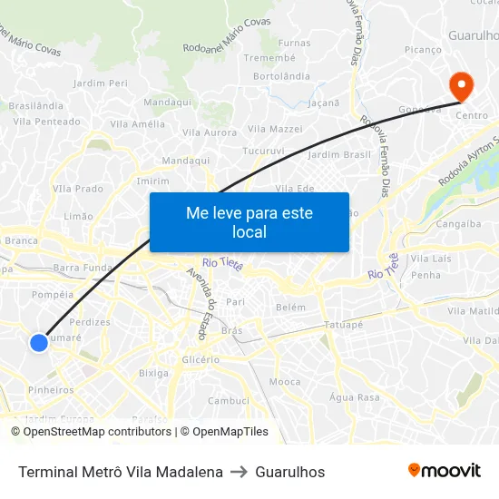 Terminal Metrô Vila Madalena to Guarulhos map