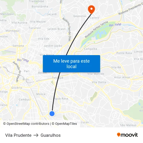 Vila Prudente to Guarulhos map