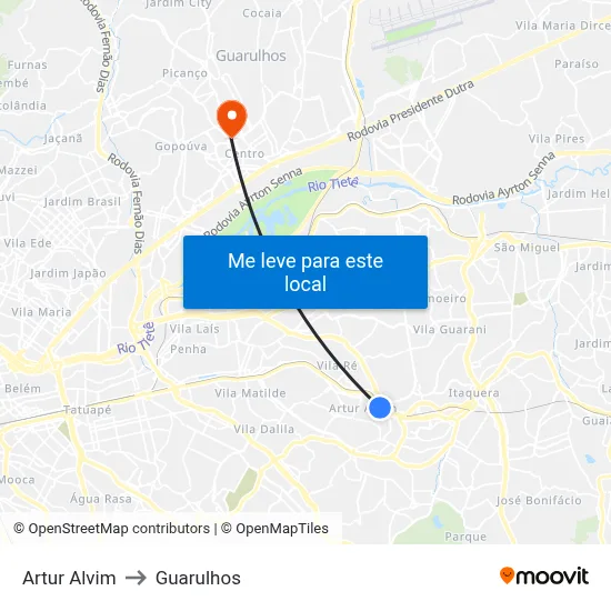 Artur Alvim to Guarulhos map