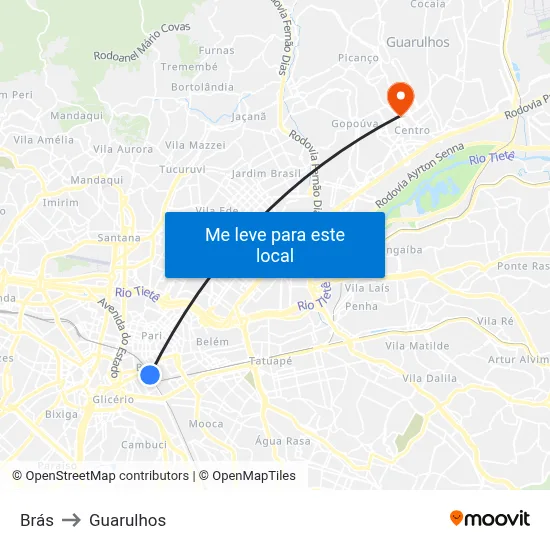 Brás to Guarulhos map