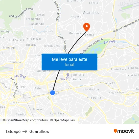 Tatuapé to Guarulhos map