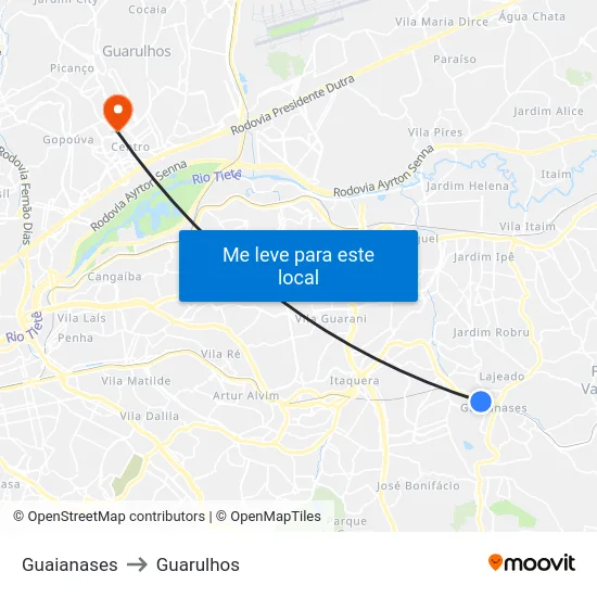 Guaianases to Guarulhos map