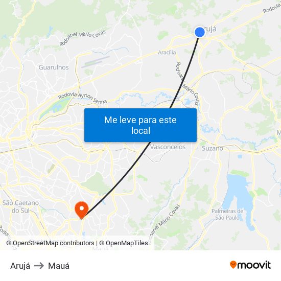 Arujá to Mauá map
