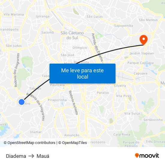 Diadema to Mauá map