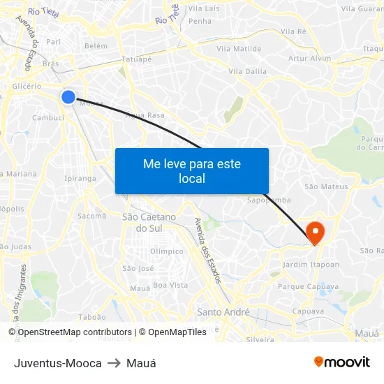 Juventus-Mooca to Mauá map