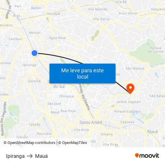 Ipiranga to Mauá map