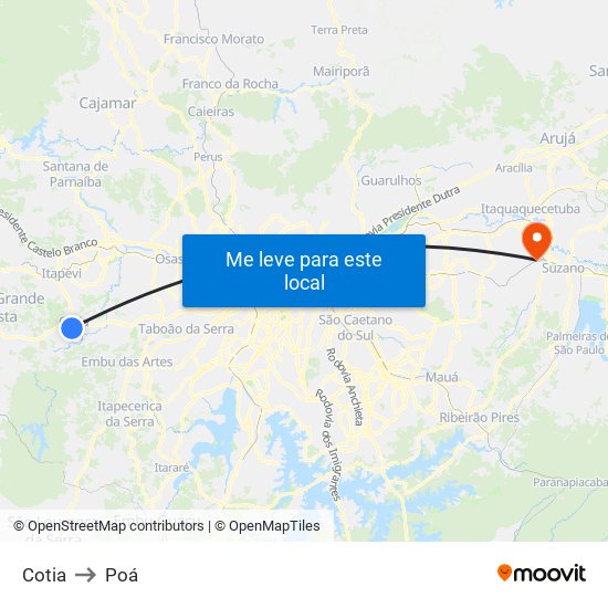 Cotia to Poá map