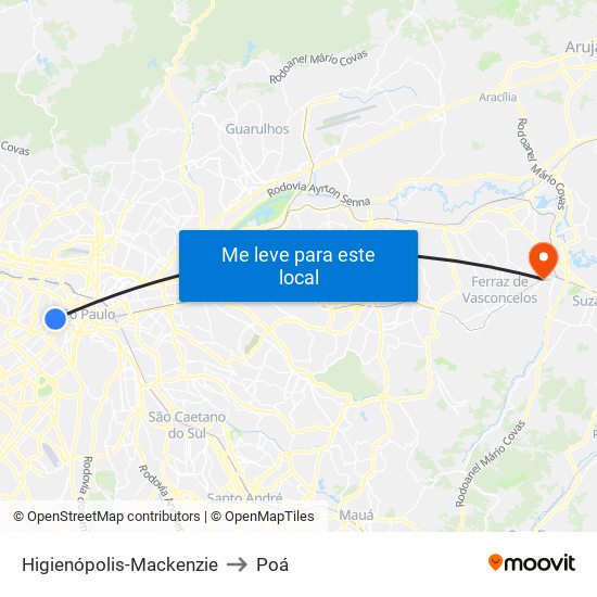 Higienópolis-Mackenzie to Poá map