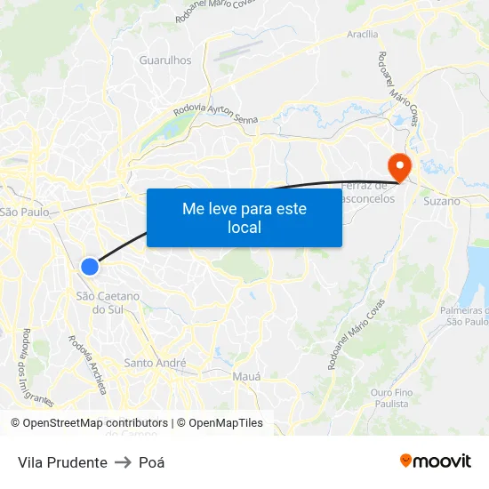 Vila Prudente to Poá map