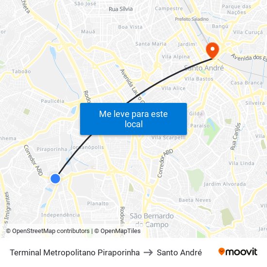 Terminal Metropolitano Piraporinha to Santo André map