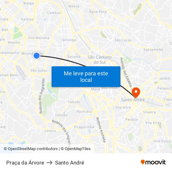 Praça da Árvore to Santo André map