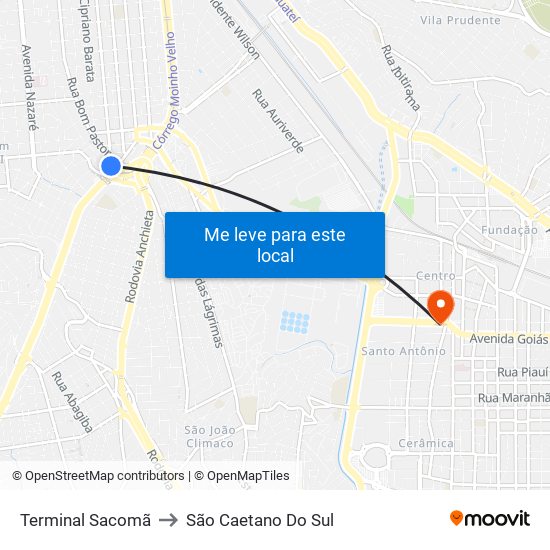 Terminal Sacomã to São Caetano Do Sul map