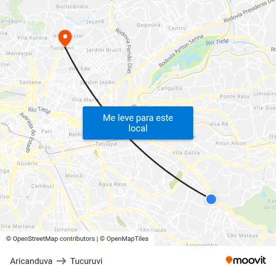 Aricanduva to Tucuruvi map