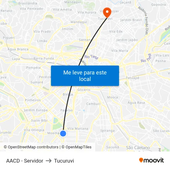 AACD - Servidor to Tucuruvi map