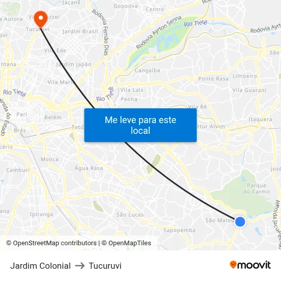 Jardim Colonial to Tucuruvi map
