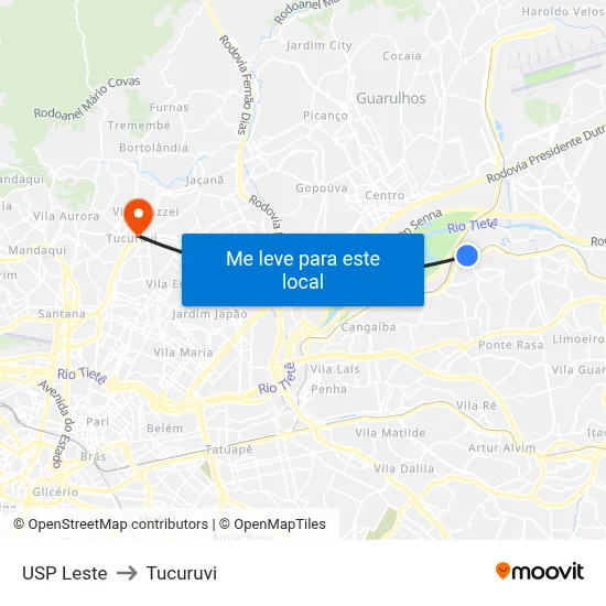 USP Leste to Tucuruvi map