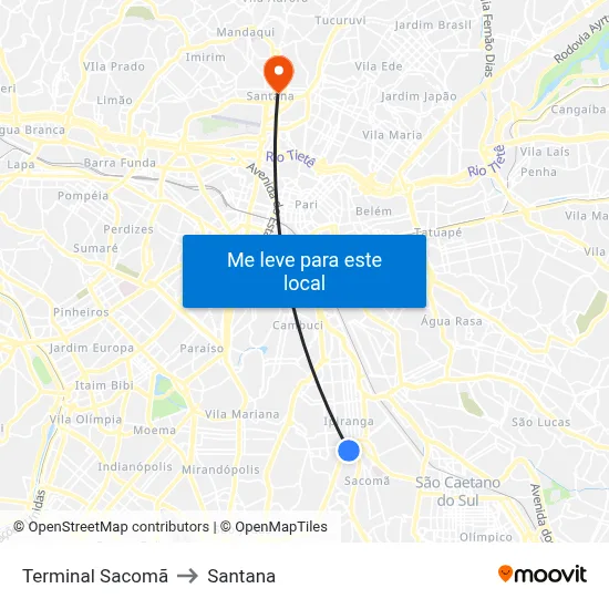 Terminal Sacomã to Santana map