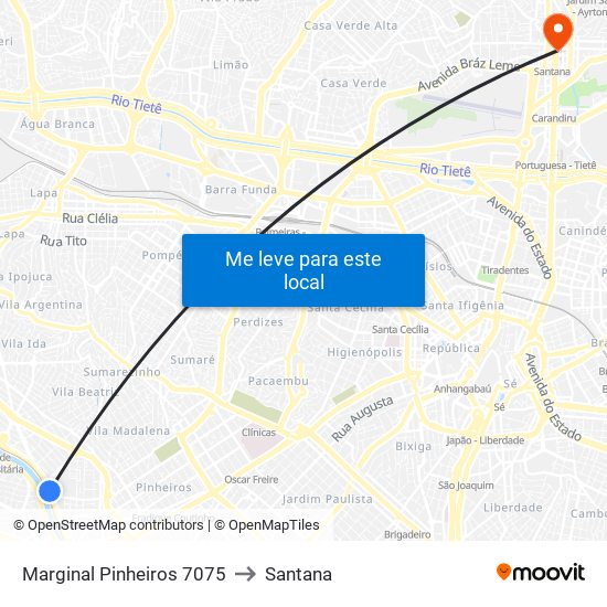 Marginal Pinheiros 7075 to Santana map