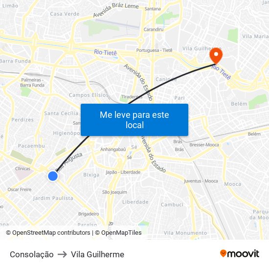 Consolação to Vila Guilherme map