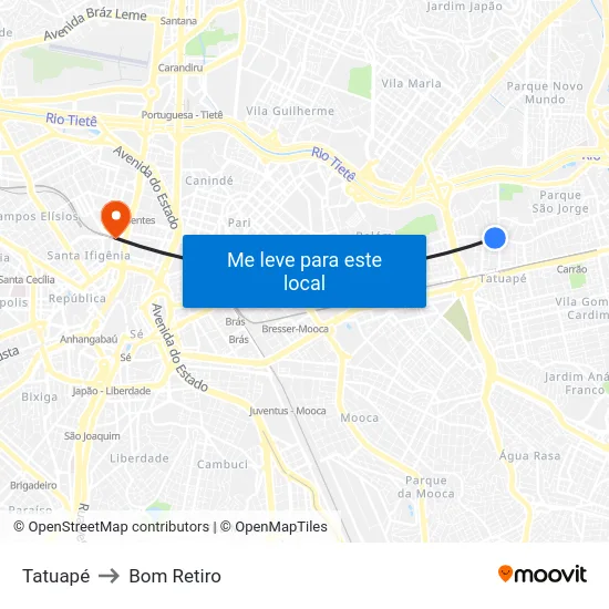 Tatuapé to Bom Retiro map