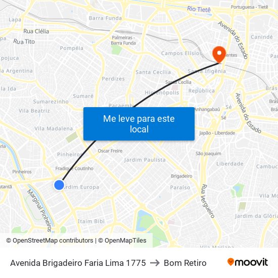 Avenida Brigadeiro Faria Lima 1775 to Bom Retiro map
