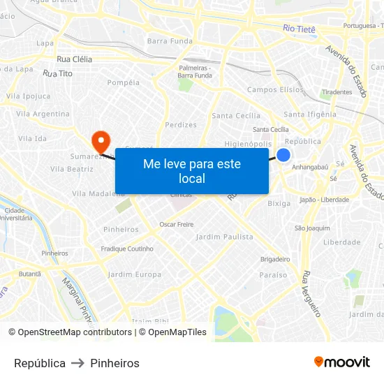 República to Pinheiros map