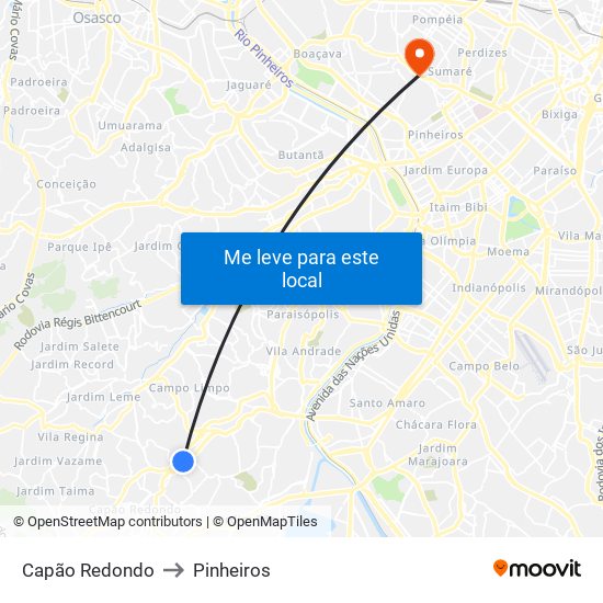 Capão Redondo to Pinheiros map