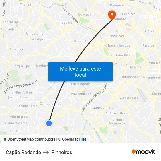 Capão Redondo to Pinheiros map