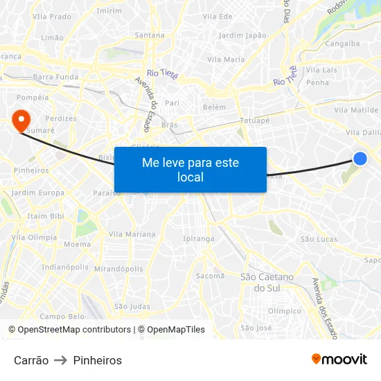 Carrão to Pinheiros map