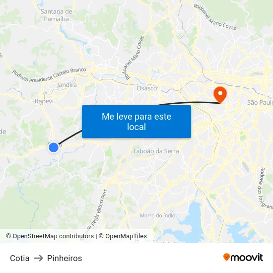 Cotia to Pinheiros map