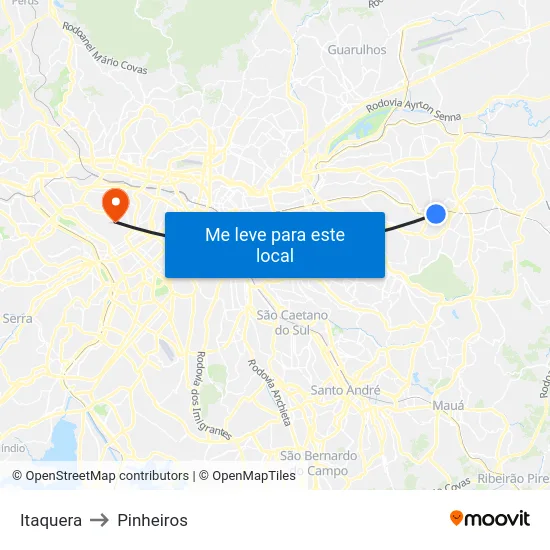 Itaquera to Pinheiros map