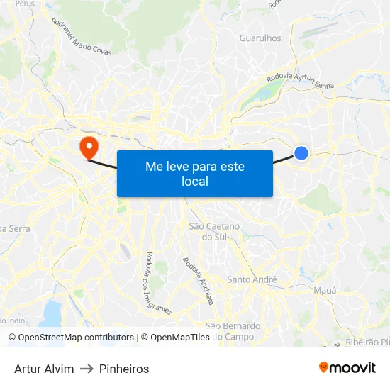 Artur Alvim to Pinheiros map