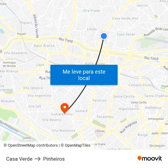 Casa Verde to Pinheiros map