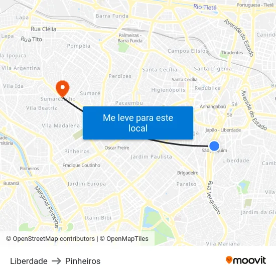 Liberdade to Pinheiros map