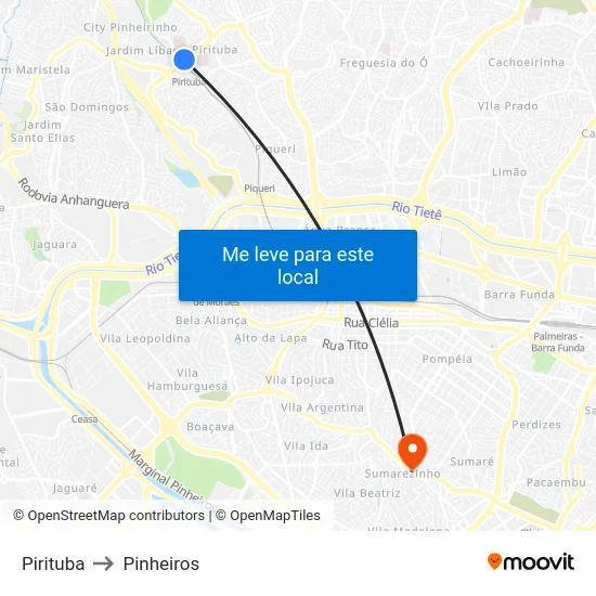 Pirituba to Pinheiros map