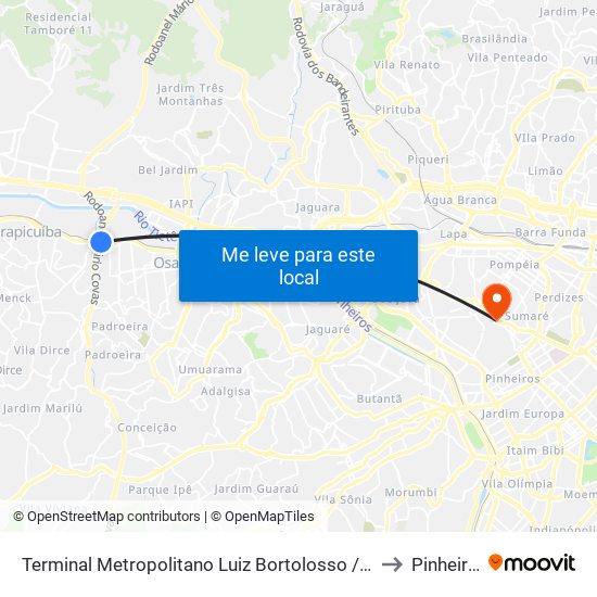 Terminal Metropolitano Luiz Bortolosso / Km 21 to Pinheiros map