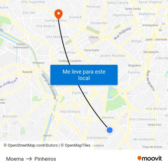 Moema to Pinheiros map