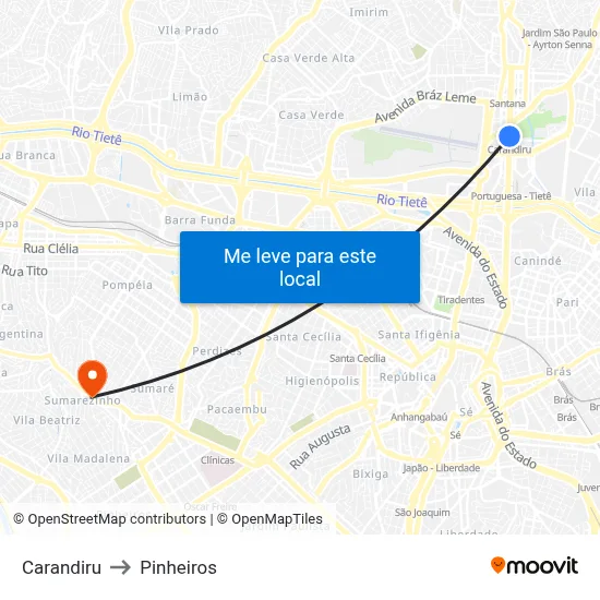 Carandiru to Pinheiros map