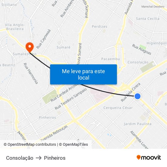 Consolação to Pinheiros map