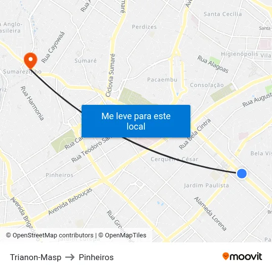 Trianon-Masp to Pinheiros map