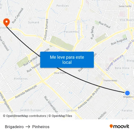 Brigadeiro to Pinheiros map