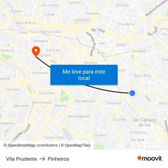 Vila Prudente to Pinheiros map