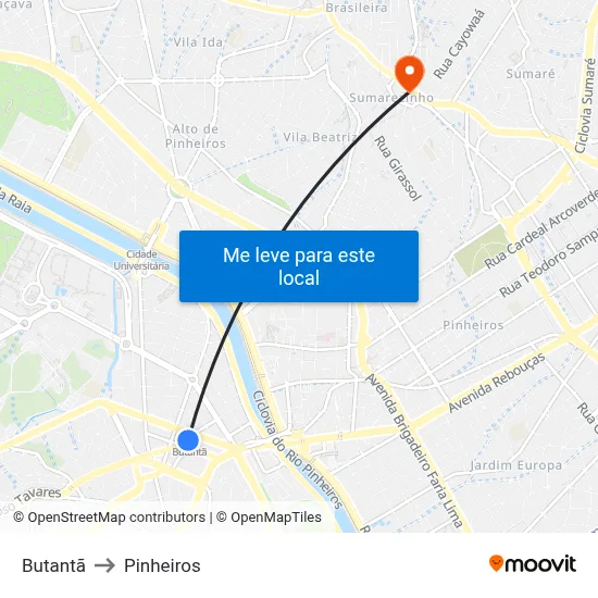 Butantã to Pinheiros map