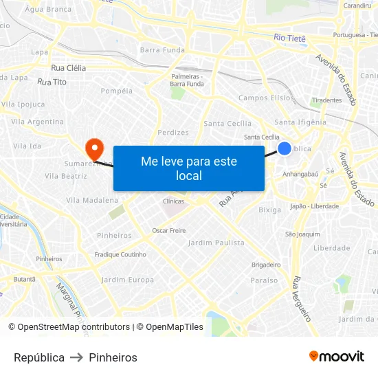 República to Pinheiros map