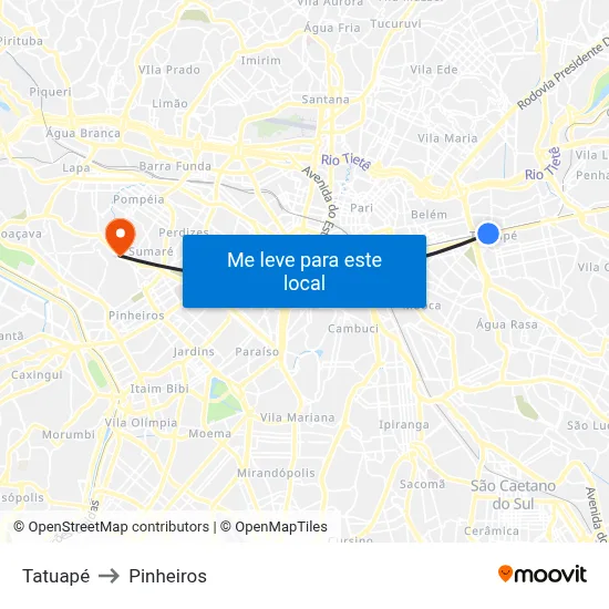 Tatuapé to Pinheiros map