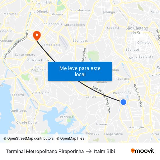 Terminal Metropolitano Piraporinha to Itaim Bibi map